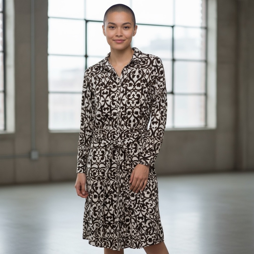 LOFT Black and White Long Sleeve Printed Shirt Dress